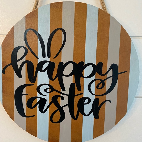 HAPPY EASTER round wooden stripped hanging sign spring twine farmhouse spring - Picture 3 of 5